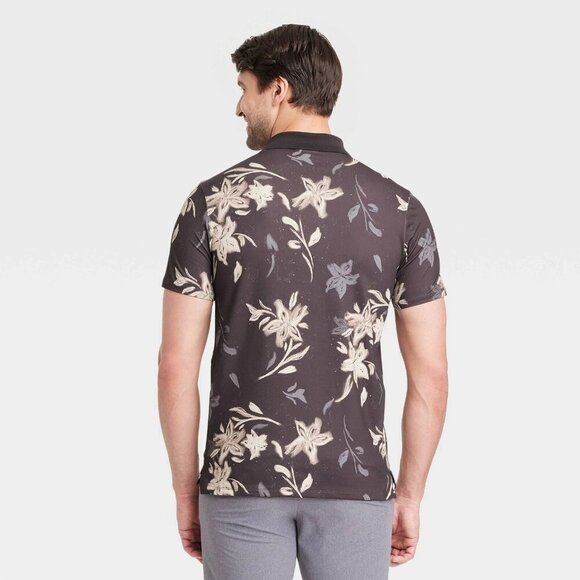 Medium - Mens Floral Print Textured Polo Shirt - All In Motion - Black - Picture 2 of 6